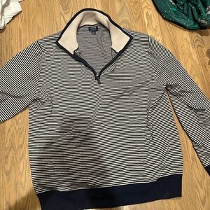J. Crew Men's Navy and White Striped Zip-Up Sweater